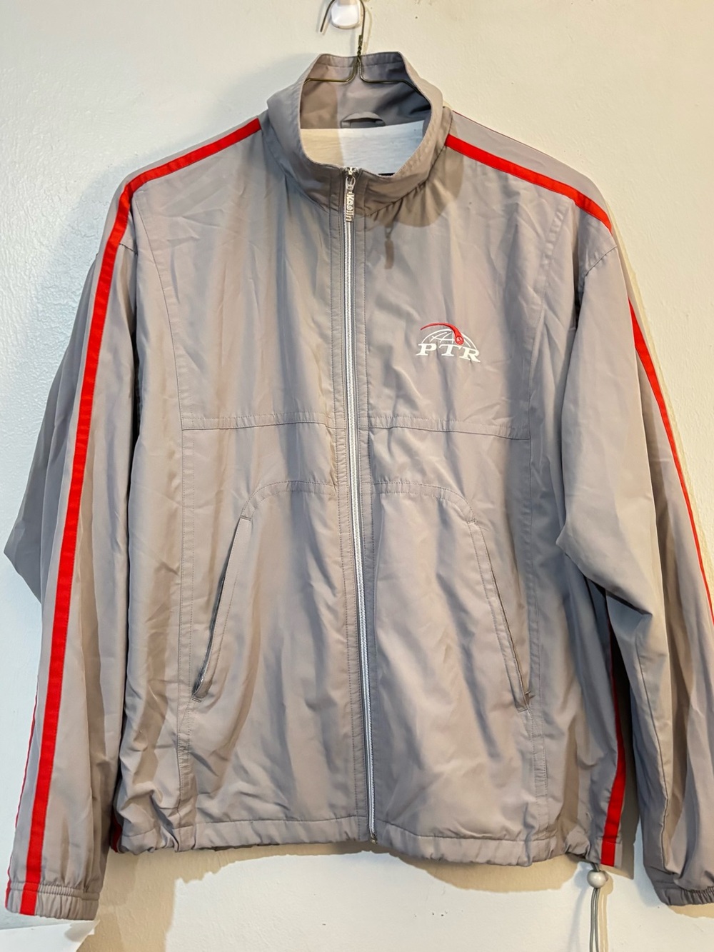 Vintage PTR Men's Light Gray Performance Jacket with Red Stripes